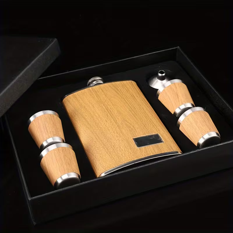 Stainless Steel Flask w/ Wood Set